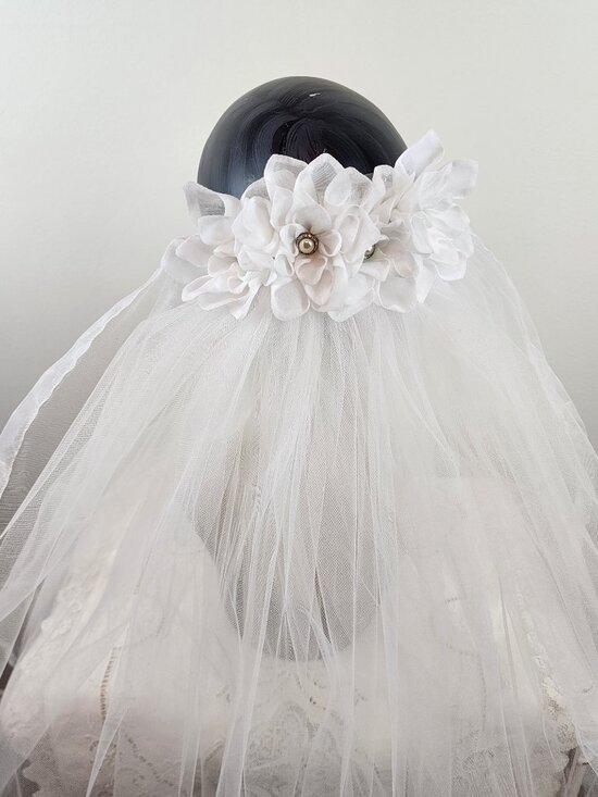 Vintage White Tulle Double Layer Wedding Bridal Veil w/ White Roses Rhinestones main image 12